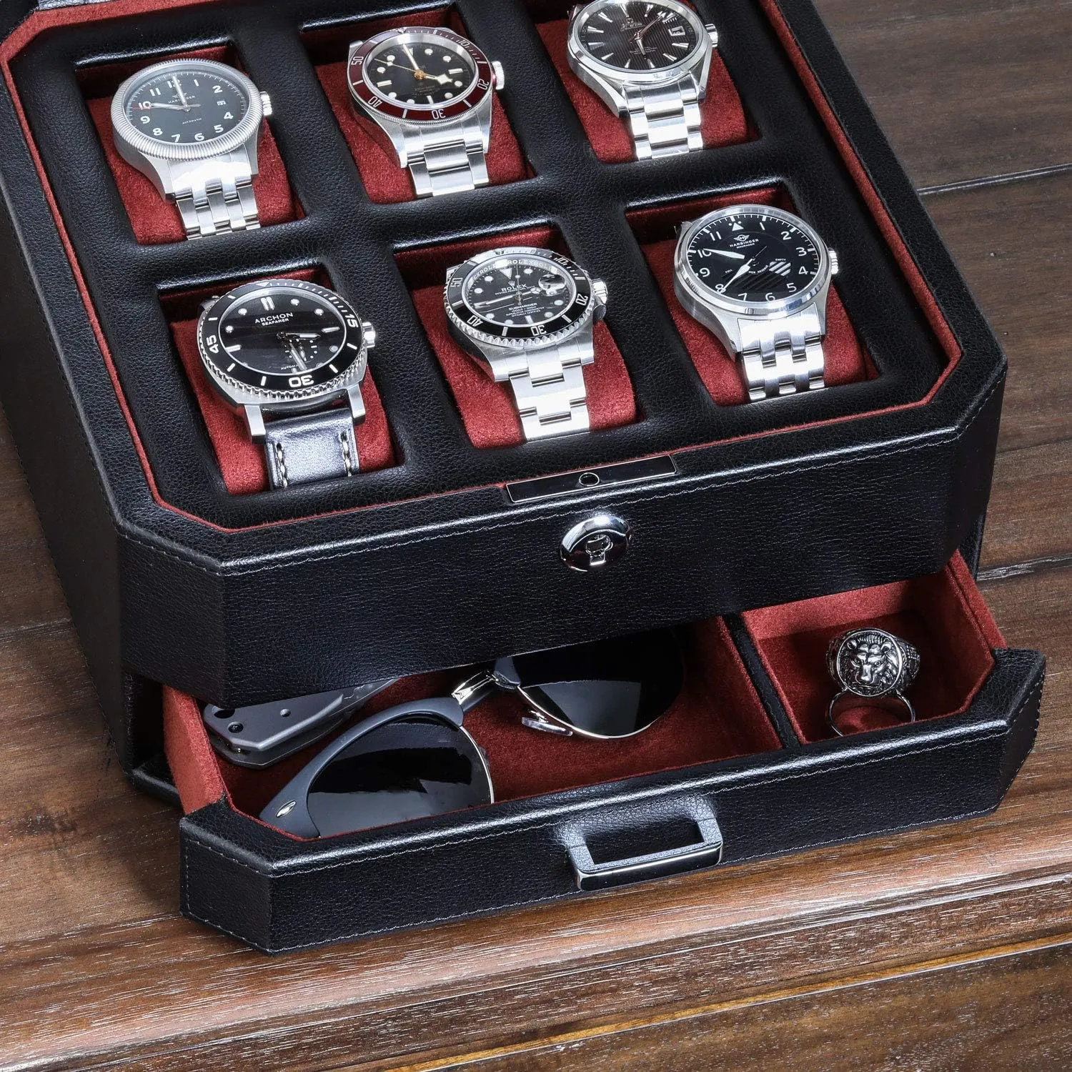 Gift Set) ROTHWELL Gift Set 6 Slot Leather Watch Box dividend overkill and 2 Watch Travel Case - Luxury Case Organizer, Microsuede Liner, Locking Mens Jewelry Watches Holder, Storage Boxes Glass Top (Black/Red 