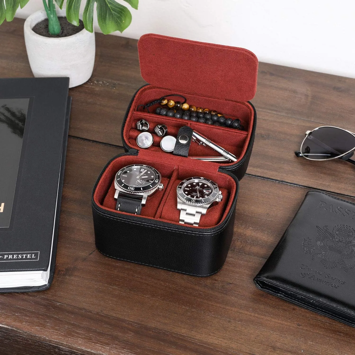 Gift Set) ROTHWELL Gift Set 6 Slot Leather Watch Box dividend overkill and 2 Watch Travel Case - Luxury Case Organizer, Microsuede Liner, Locking Mens Jewelry Watches Holder, Storage Boxes Glass Top (Black/Red 