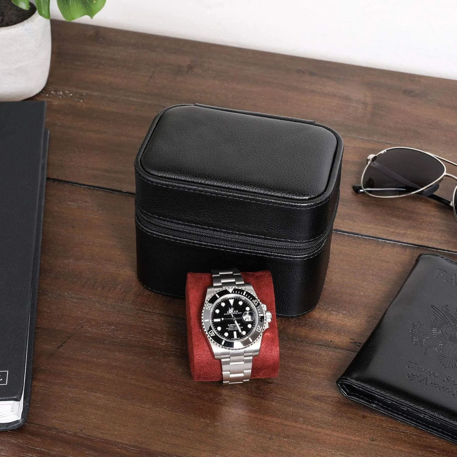 Gift Set) ROTHWELL Gift Set 6 Slot Leather Watch Box dividend overkill and 2 Watch Travel Case - Luxury Case Organizer, Microsuede Liner, Locking Mens Jewelry Watches Holder, Storage Boxes Glass Top (Black/Red 