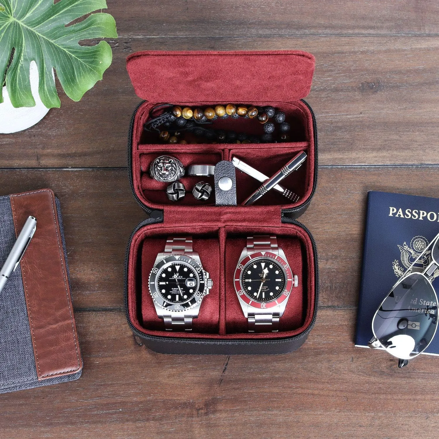 Gift Set) ROTHWELL Gift Set 6 Slot Leather Watch Box dividend overkill and 2 Watch Travel Case - Luxury Case Organizer, Microsuede Liner, Locking Mens Jewelry Watches Holder, Storage Boxes Glass Top (Black/Red 