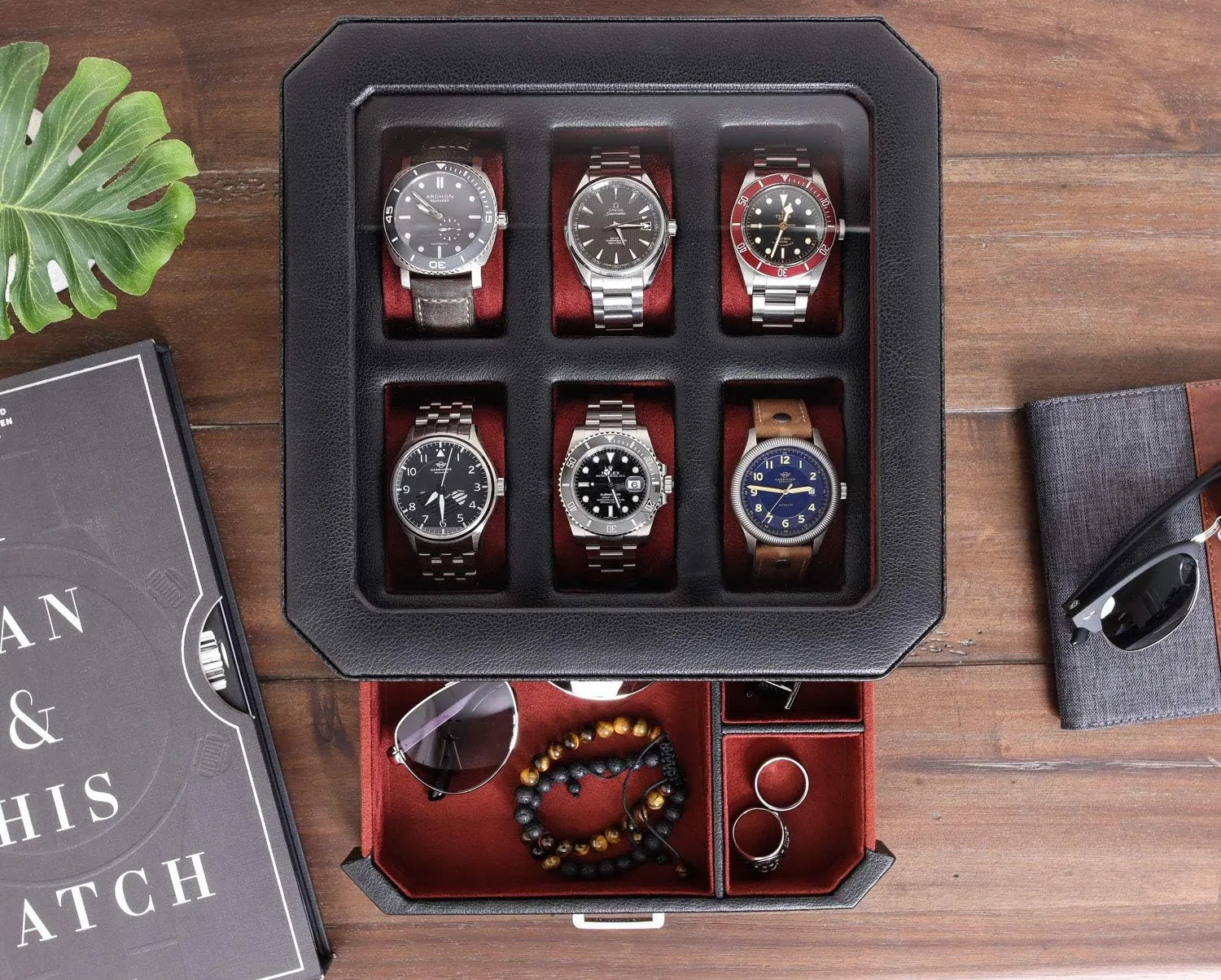 Gift Set) ROTHWELL Gift Set 6 Slot Leather Watch Box dividend overkill and 2 Watch Travel Case - Luxury Case Organizer, Microsuede Liner, Locking Mens Jewelry Watches Holder, Storage Boxes Glass Top (Black/Red 