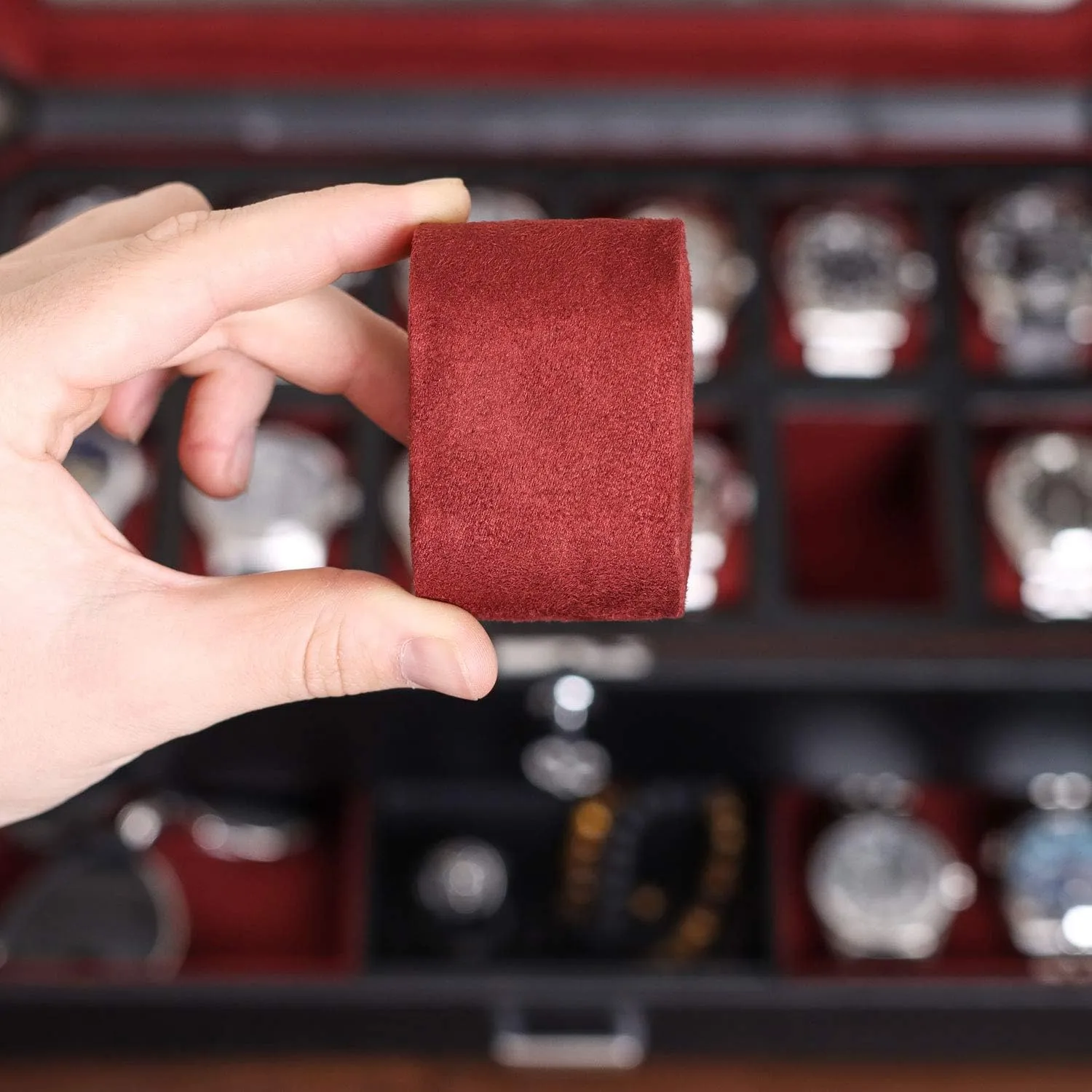 Gift Set) ROTHWELL Gift Set 6 Slot Leather Watch Box dividend overkill and 2 Watch Travel Case - Luxury Case Organizer, Microsuede Liner, Locking Mens Jewelry Watches Holder, Storage Boxes Glass Top (Black/Red 
