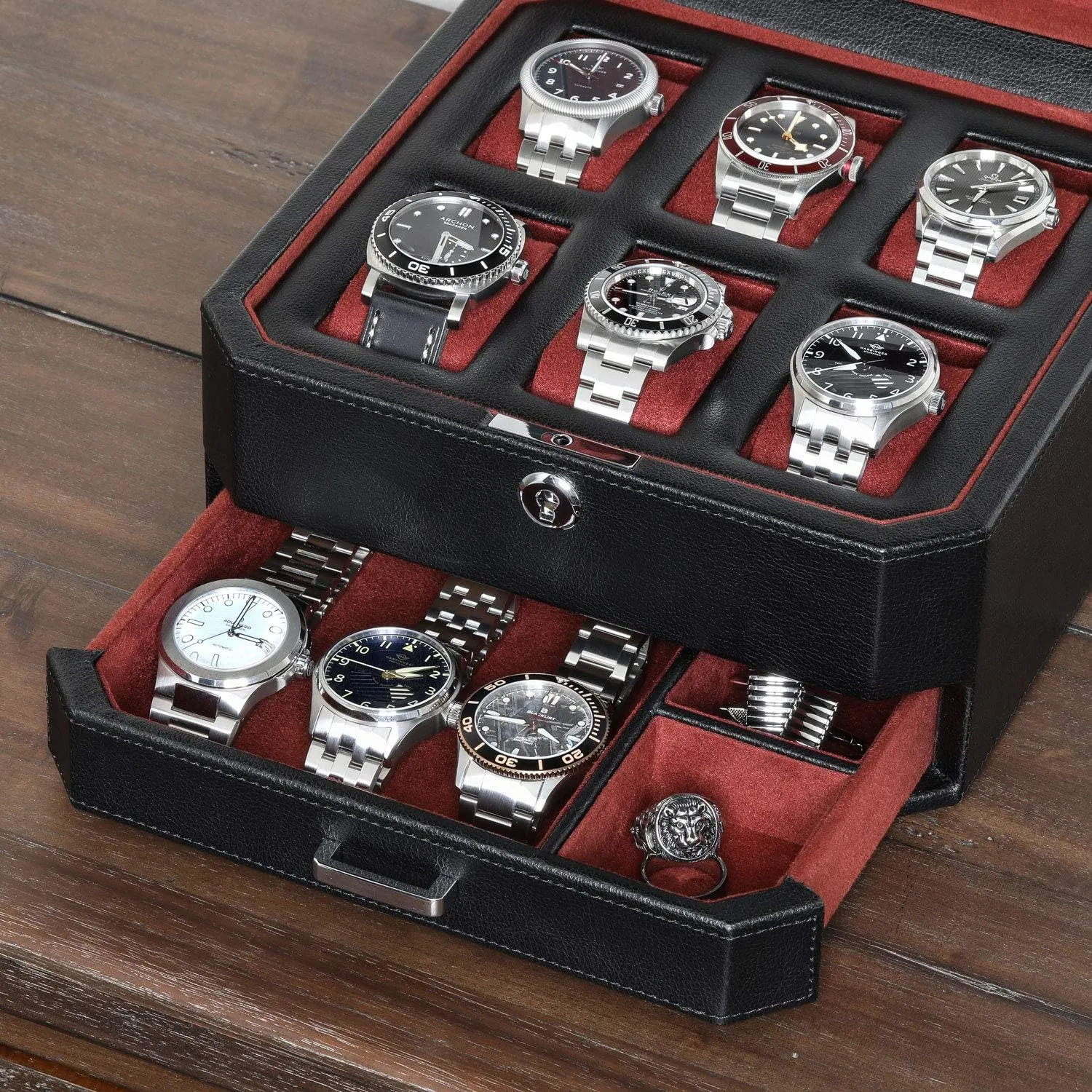 Gift Set) ROTHWELL Gift Set 6 Slot Leather Watch Box dividend overkill and 2 Watch Travel Case - Luxury Case Organizer, Microsuede Liner, Locking Mens Jewelry Watches Holder, Storage Boxes Glass Top (Black/Red 
