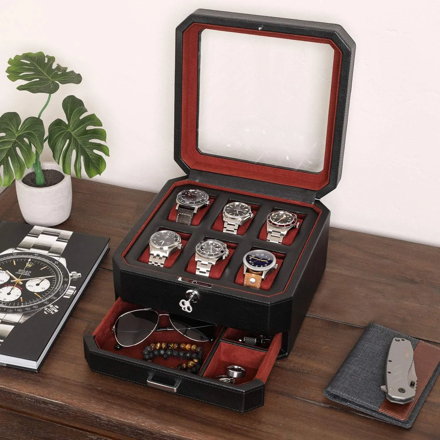 Gift Set) ROTHWELL Gift Set 6 Slot Leather Watch Box dividend overkill and 2 Watch Travel Case - Luxury Case Organizer, Microsuede Liner, Locking Mens Jewelry Watches Holder, Storage Boxes Glass Top (Black/Red 
