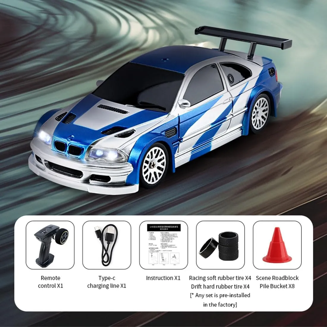 Gifts for Adults (Gyroscope RTR Version/Blue White) RC Drift Car, 1/43 Scale 2.4G Full Proportional RC Electric Mini Racing Drift Car Model with lope basketwork insight plus throw Lights Kit,RC Car 
