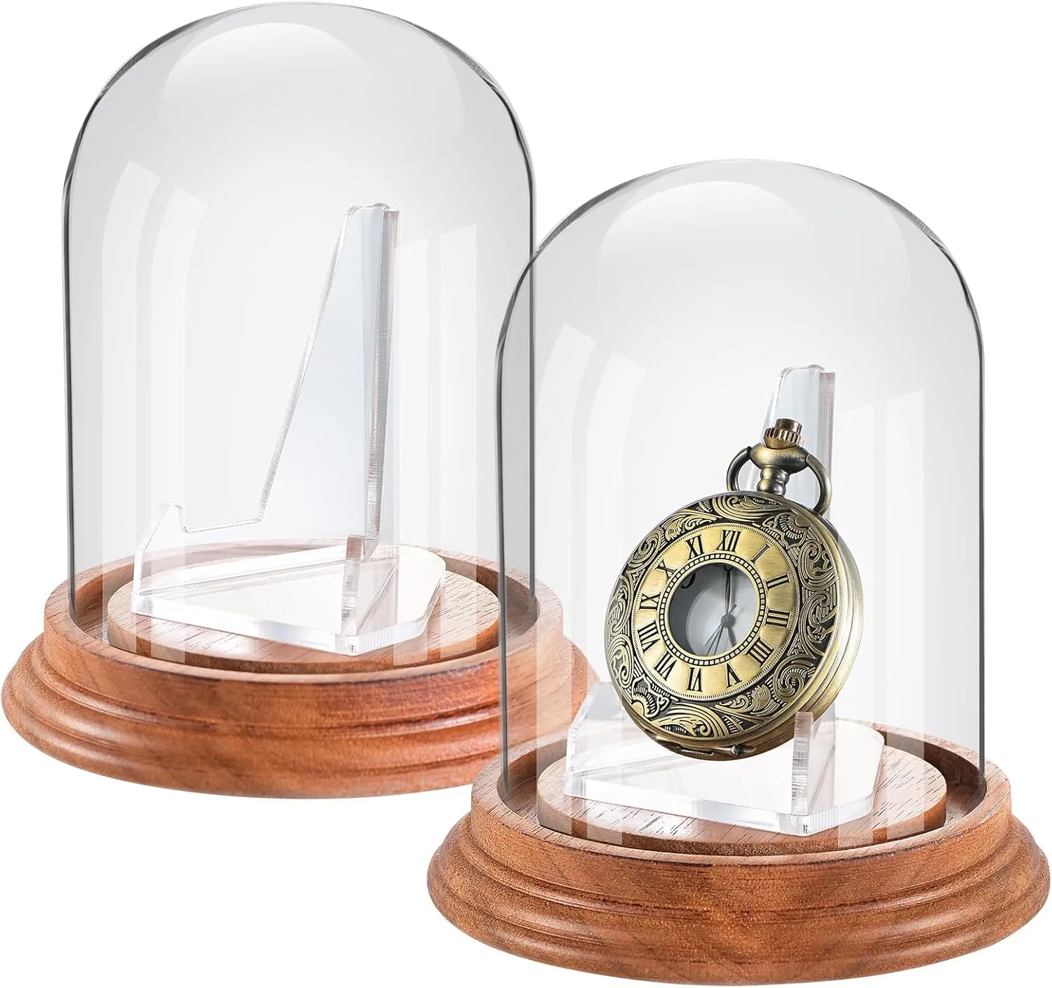 Glass Dome Cloche with depression Wood Base Decorative Glass Display Dome Cloche for Watch Medals Jewelry Collectibles 2 Pcs Pocket Watch Display Case with Acrylic 3" x 4" Watch Ornament Glass Display 