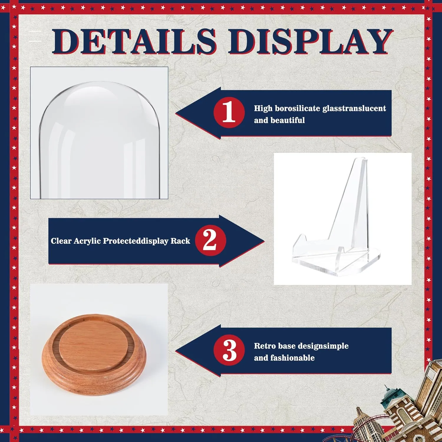 Glass Dome Cloche with depression Wood Base Decorative Glass Display Dome Cloche for Watch Medals Jewelry Collectibles 2 Pcs Pocket Watch Display Case with Acrylic 3" x 4" Watch Ornament Glass Display 