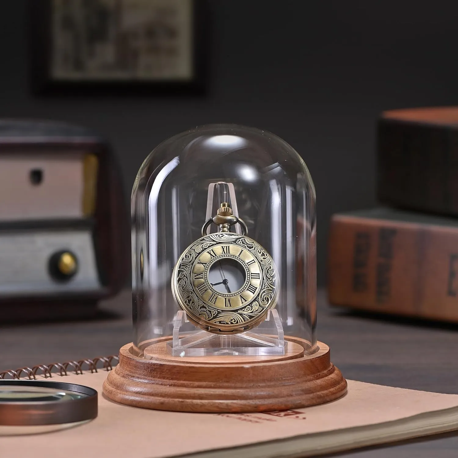Glass Dome Cloche with depression Wood Base Decorative Glass Display Dome Cloche for Watch Medals Jewelry Collectibles 2 Pcs Pocket Watch Display Case with Acrylic 3" x 4" Watch Ornament Glass Display 