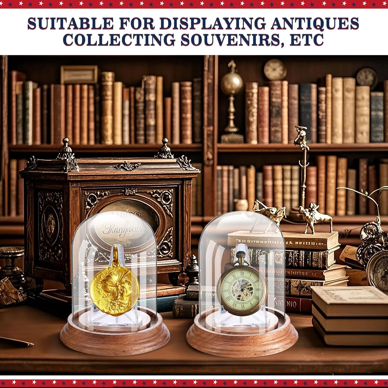 Glass Dome Cloche with depression Wood Base Decorative Glass Display Dome Cloche for Watch Medals Jewelry Collectibles 2 Pcs Pocket Watch Display Case with Acrylic 3" x 4" Watch Ornament Glass Display 