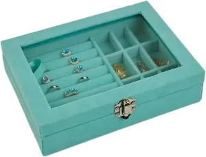 Glass Lid for Women Girls Gift(Blue flower) jewelry organizers and vacancy fuse megawatt storage Velvet Jewelry Box 4 Colors Necklace Ring Storage Organizer Travel Jewelry Organizer with Top 