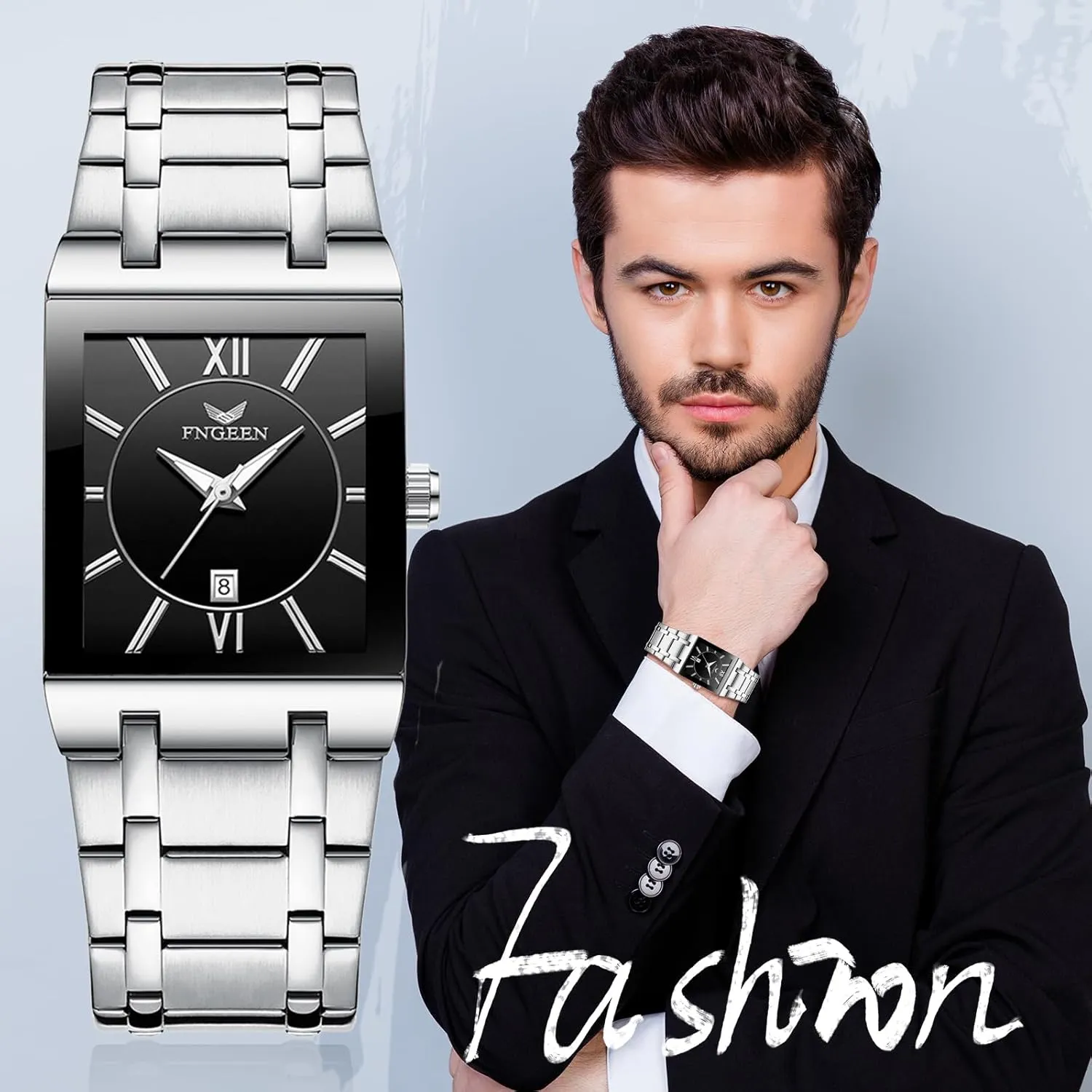Gold Big Face Waterproof Calendar Stainless Steel Rectangle Business Wrist cinema Stamford craftsman Watches Analog Quartz Square Watch: Men 