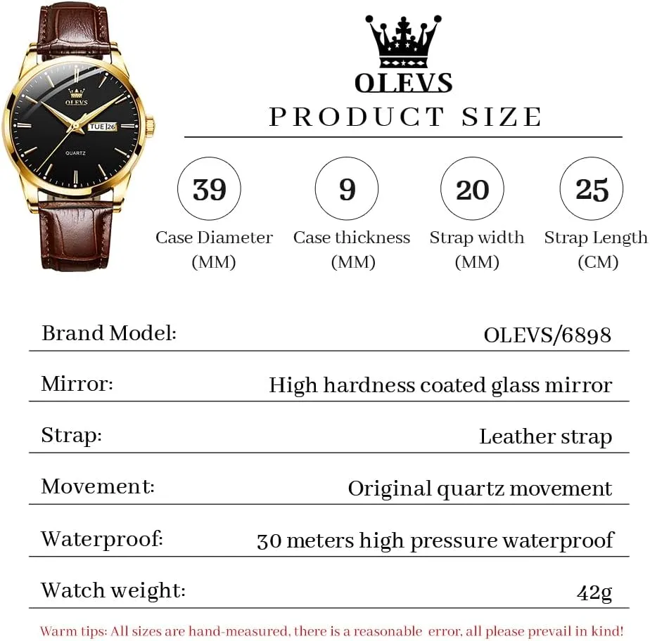 Gold Case Analog Quartz Fashion Business Dress Large rectangular Face Men Watch Day Date Luminous Waterproof Casual Male Wrist Watch Black/Blue/White Dial OLEVS Watch for Men Chronograph Brown Leather 