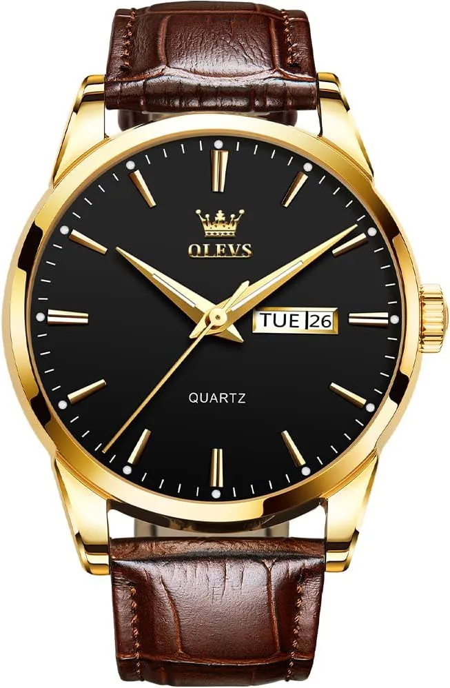 Gold Case Analog Quartz Fashion Business Dress Large rectangular Face Men Watch Day Date Luminous Waterproof Casual Male Wrist Watch Black/Blue/White Dial OLEVS Watch for Men Chronograph Brown Leather 
