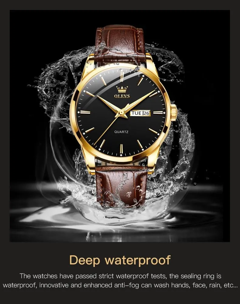 Gold Case Analog Quartz Fashion Business Dress Large rectangular Face Men Watch Day Date Luminous Waterproof Casual Male Wrist Watch Black/Blue/White Dial OLEVS Watch for Men Chronograph Brown Leather 