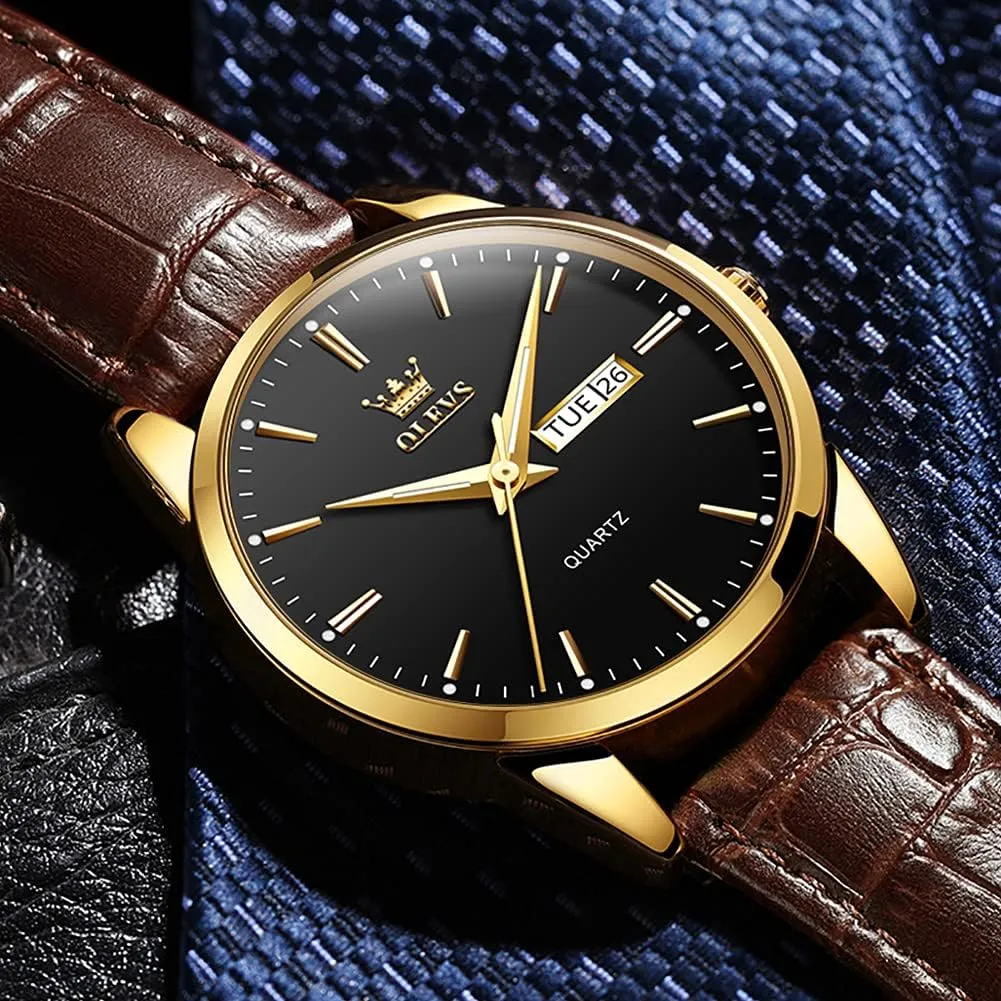 Gold Case Analog Quartz Fashion Business Dress Large rectangular Face Men Watch Day Date Luminous Waterproof Casual Male Wrist Watch Black/Blue/White Dial OLEVS Watch for Men Chronograph Brown Leather 