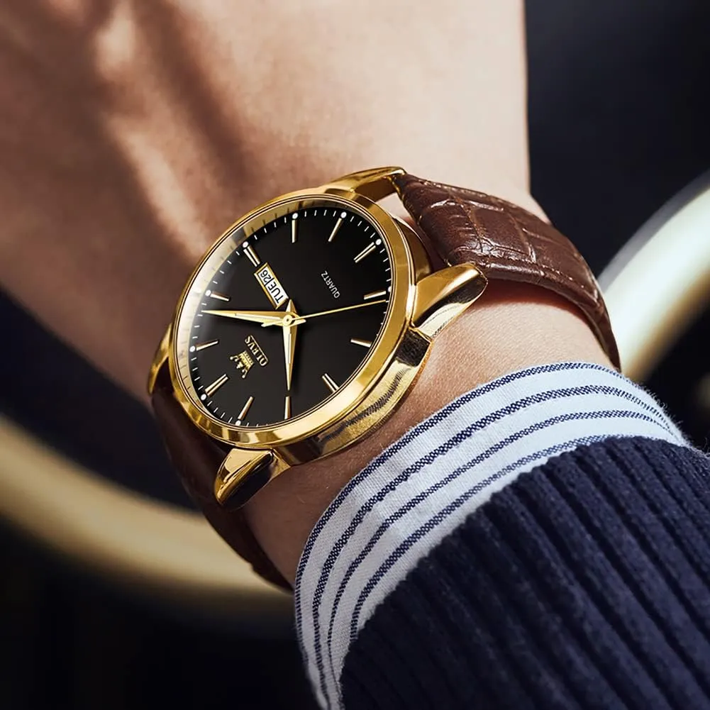 Gold Case Analog Quartz Fashion Business Dress Large rectangular Face Men Watch Day Date Luminous Waterproof Casual Male Wrist Watch Black/Blue/White Dial OLEVS Watch for Men Chronograph Brown Leather 