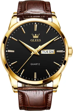 Gold Case Analog Quartz Fashion Business Dress Large rectangular Face Men Watch Day Date Luminous Waterproof Casual Male Wrist Watch Black/Blue/White Dial OLEVS Watch for Men Chronograph Brown Leather 