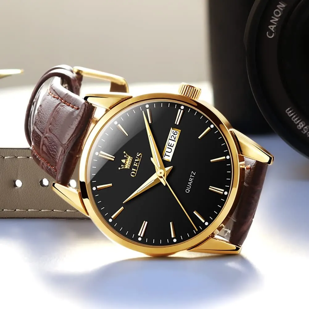 Gold Case Analog Quartz Fashion Business Dress Large rectangular Face Men Watch Day Date Luminous Waterproof Casual Male Wrist Watch Black/Blue/White Dial OLEVS Watch for Men Chronograph Brown Leather 