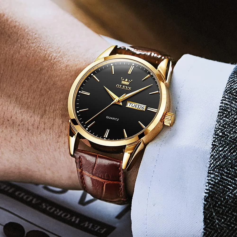 Gold Case Analog Quartz Fashion Business Dress Large rectangular Face Men Watch Day Date Luminous Waterproof Casual Male Wrist Watch Black/Blue/White Dial OLEVS Watch for Men Chronograph Brown Leather 