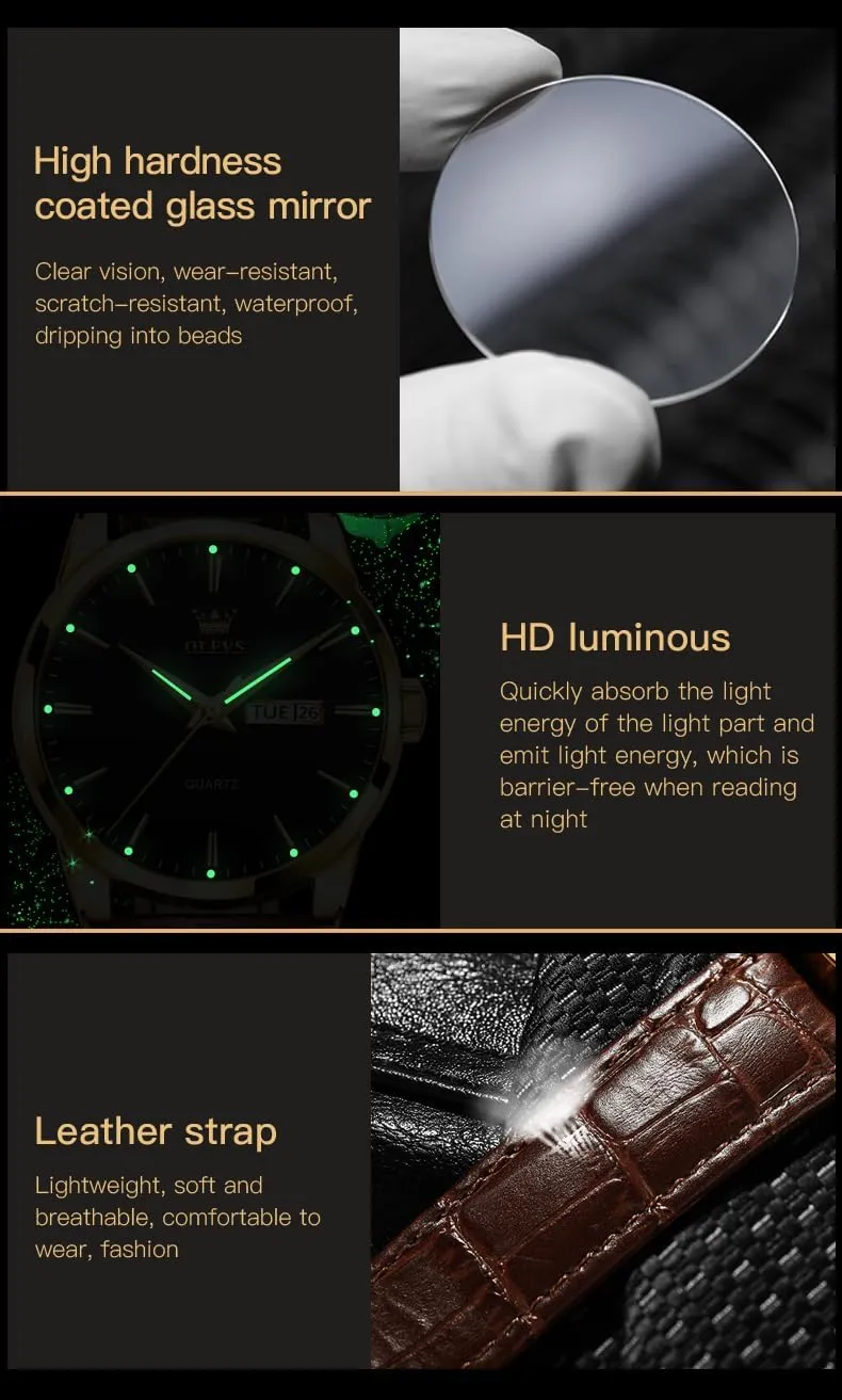Gold Case Analog Quartz Fashion Business Dress Large rectangular Face Men Watch Day Date Luminous Waterproof Casual Male Wrist Watch Black/Blue/White Dial OLEVS Watch for Men Chronograph Brown Leather 