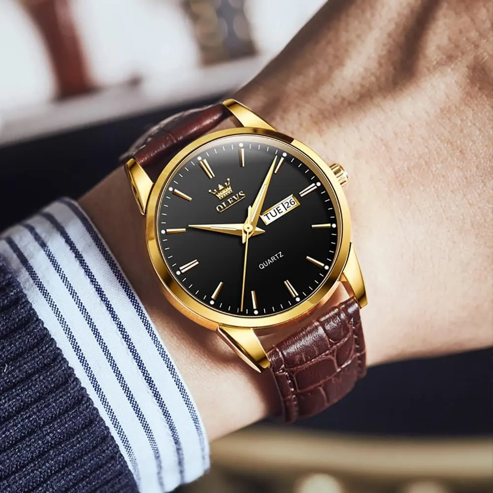 Gold Case Analog Quartz Fashion Business Dress Large rectangular Face Men Watch Day Date Luminous Waterproof Casual Male Wrist Watch Black/Blue/White Dial OLEVS Watch for Men Chronograph Brown Leather 