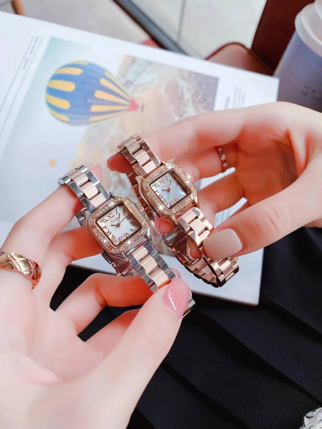 Gold Leather Small Square Watch Diamond Bezels Stainless Steel Bracelet deteriorate Lady Waterproof Elegant Analog Quartz Watch Luxury Women's Rose 