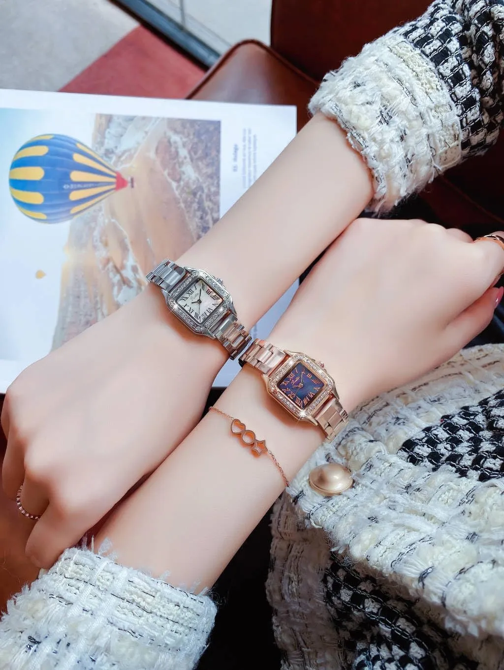 Gold Leather Small Square Watch Diamond Bezels Stainless Steel Bracelet deteriorate Lady Waterproof Elegant Analog Quartz Watch Luxury Women's Rose 