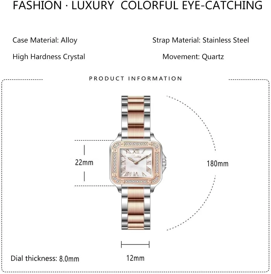 Gold Leather Small Square Watch Diamond Bezels Stainless Steel Bracelet deteriorate Lady Waterproof Elegant Analog Quartz Watch Luxury Women's Rose 