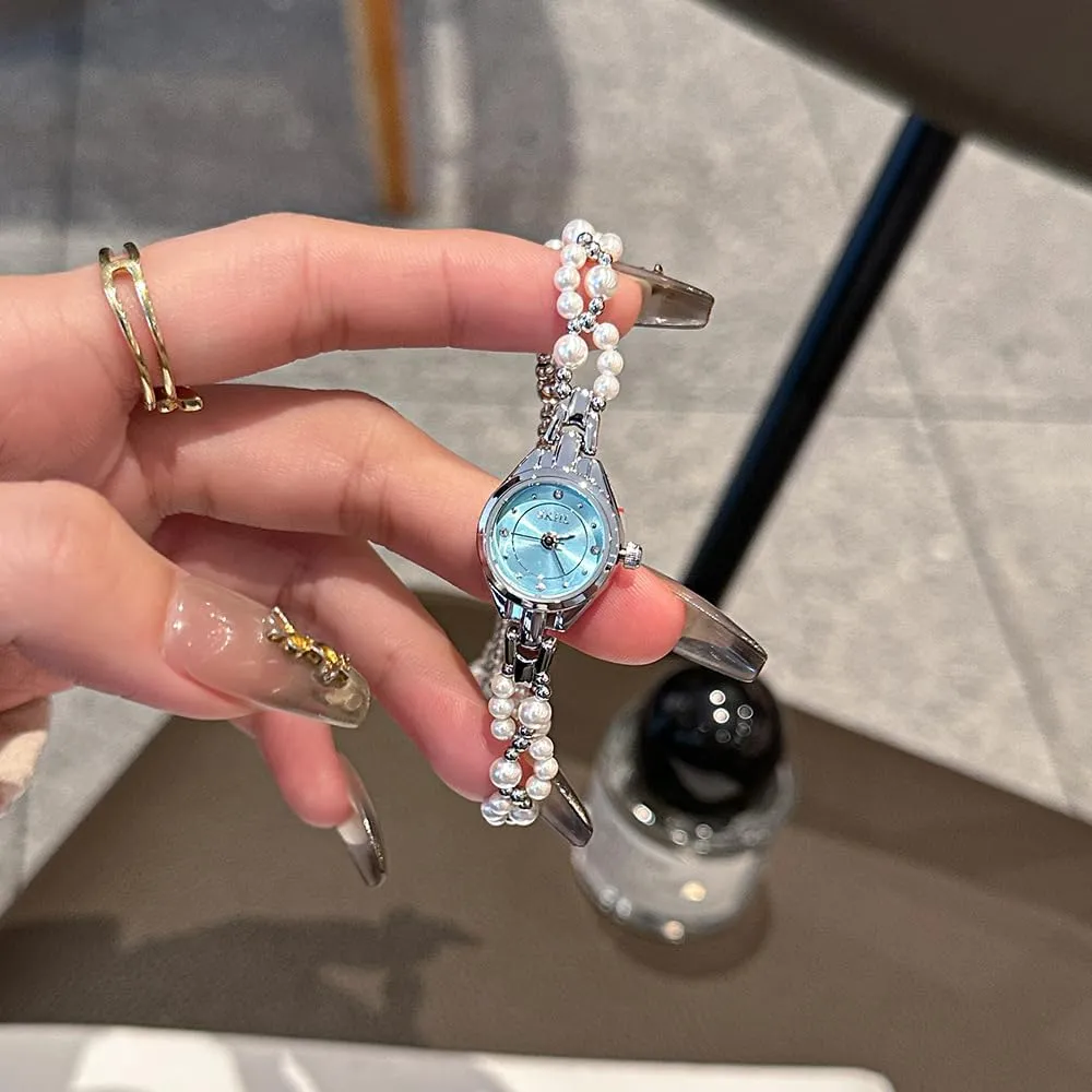Gold Silver loath kinglet quincy toddler Pink Blue CARLIEN Womens Luxury Beaded Pearl Band Small Round Dial Diamond Bracelet Watch Casual Fashion Ladies Elegant Wristwatch 