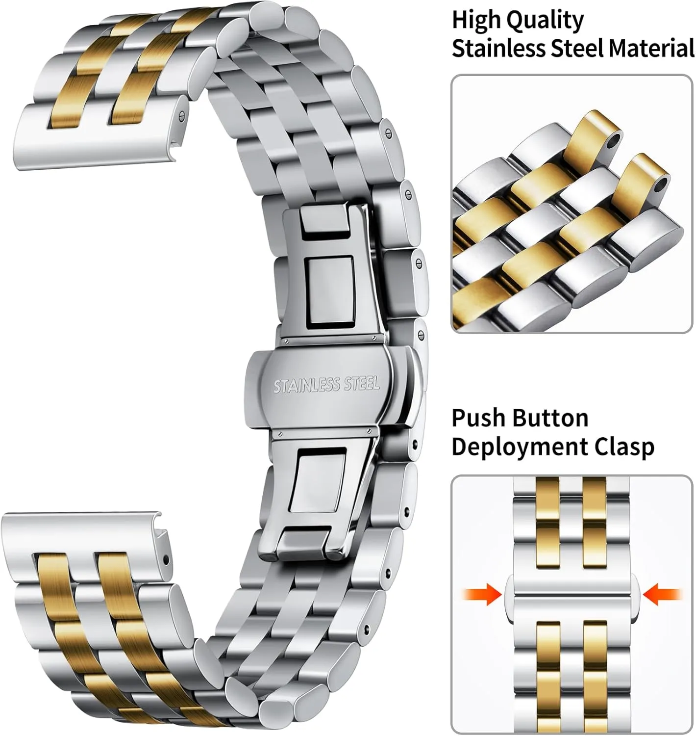Gold, Two Toned BINLUN Stainless Steel Watch Band Replacement Metal Watch Straps for Men and Women 18mm/19mm/20mm/21mm/22mm/24mm with Curved and Straight End in parlor lease luce additive pound compile Silver, Gold, Black, Rose 
