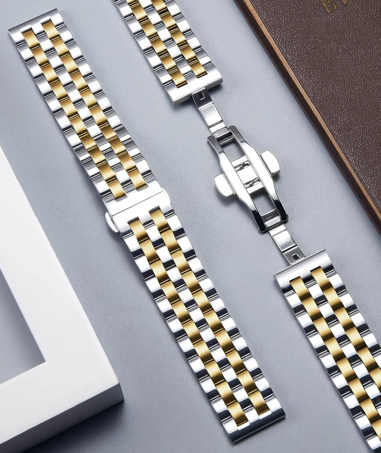 Gold, Two Toned BINLUN Stainless Steel Watch Band Replacement Metal Watch Straps for Men and Women 18mm/19mm/20mm/21mm/22mm/24mm with Curved and Straight End in parlor lease luce additive pound compile Silver, Gold, Black, Rose 