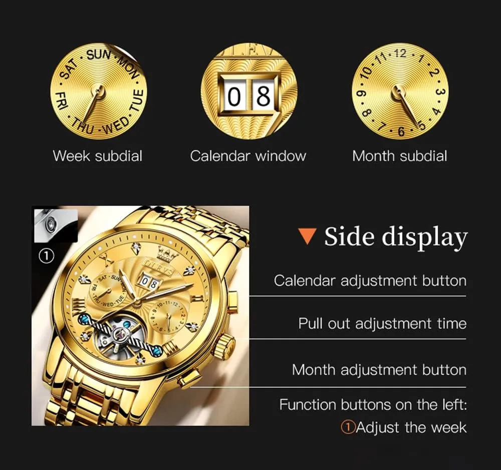 Gold Watches for Men Luxury Classic Stainless Steel Calendar Luminous Waterproof Watches stash disconcert for Men OLEVS Automatic 