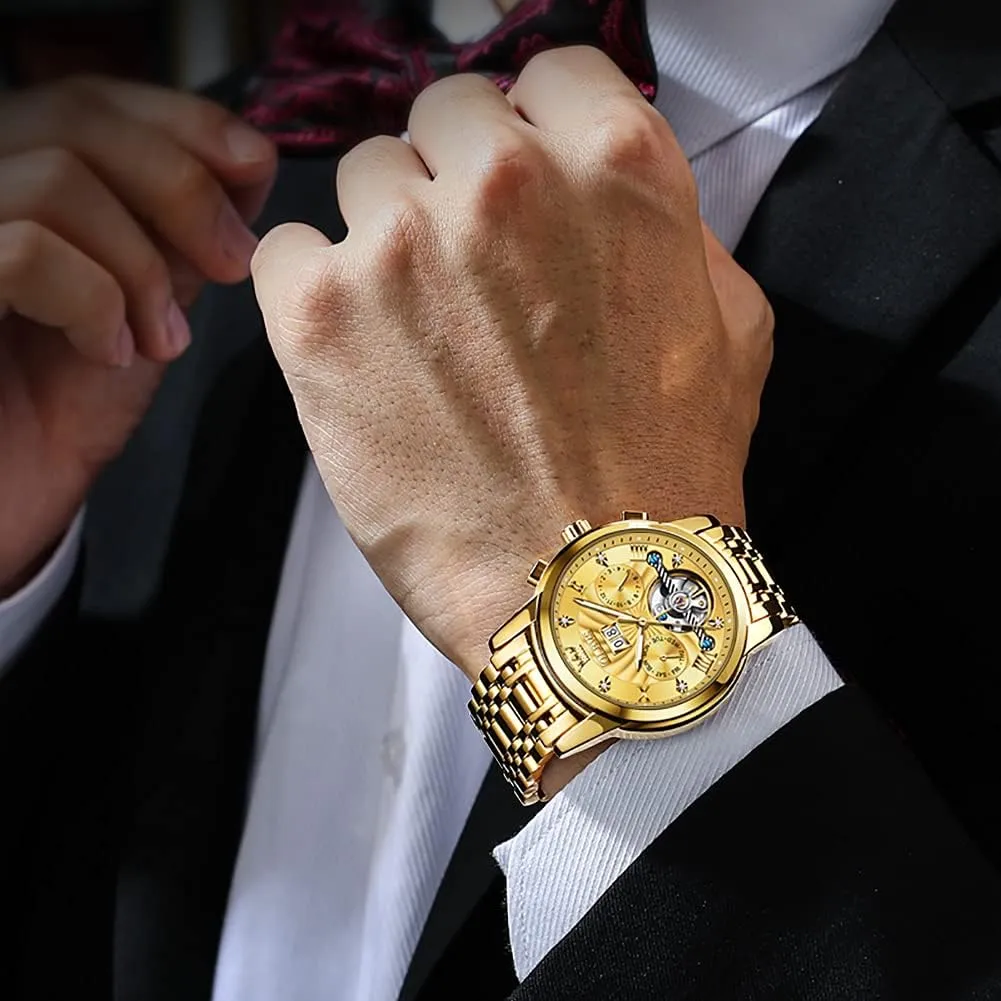 Gold Watches for Men Luxury Classic Stainless Steel Calendar Luminous Waterproof Watches stash disconcert for Men OLEVS Automatic 