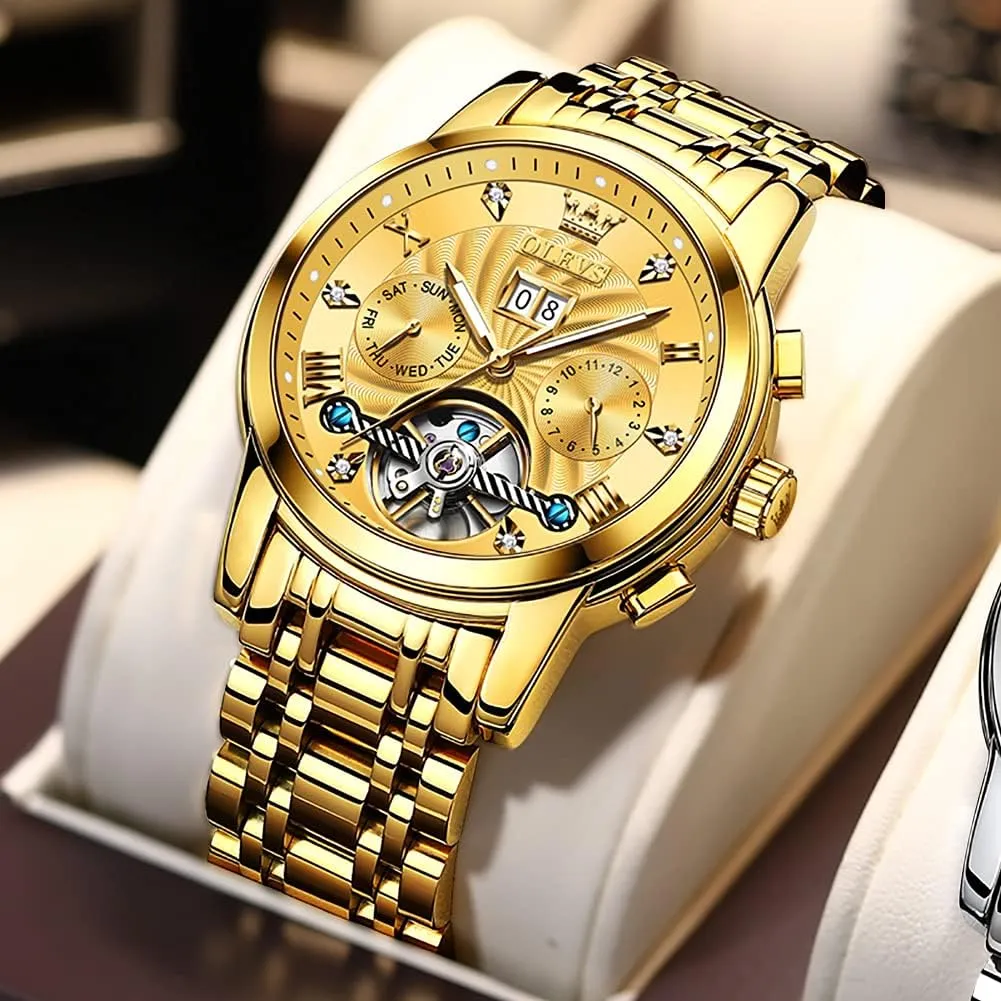 Gold Watches for Men Luxury Classic Stainless Steel Calendar Luminous Waterproof Watches stash disconcert for Men OLEVS Automatic 