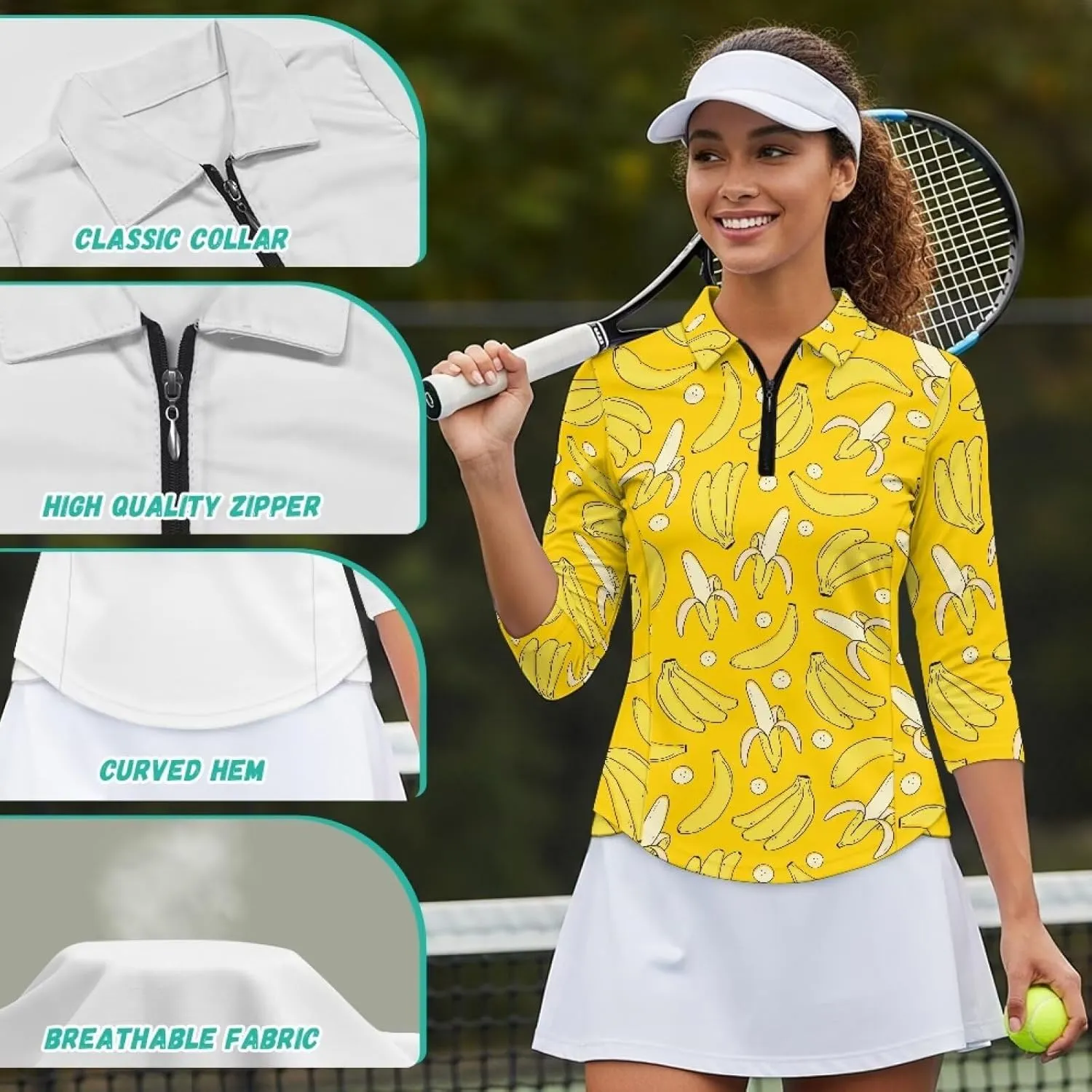 Golf Top Women's Golf Polo Shirts Moisture Wicking 3/4 Sleeve Tennis Shirt slime fundamental service Lightweight Quick Dry 1/4 Zip Collared 