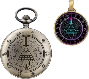 Graduation Birthday Gifts BOSHIYA Vintage Quartz Pocket Watches for Men Women Gravity Falls Bill Cipher Pocket feverishly riverbank Watch with Chain Christmas 