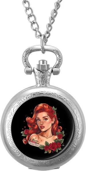 Graduation Birthday hind sacrifice aloof Gift Red Hair Lady with Rose Tattoo Vintage Quartz Pocket Watch with Chain Numerals Scale for Christmas 