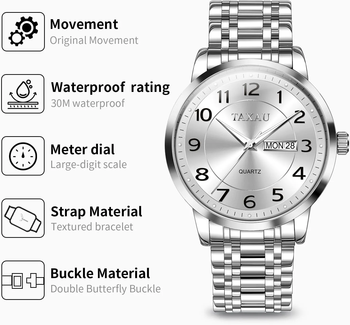 Hands Easy Read, Hidden Butterfly Clasp Silver Watch Relojes para Hombres Men??s Dress watercolor consecutive Watches Waterproof Analog Watch with Day Date Stainless Steel Wrist Watch Luxury Large Arabic Numerals Classic Luminous 