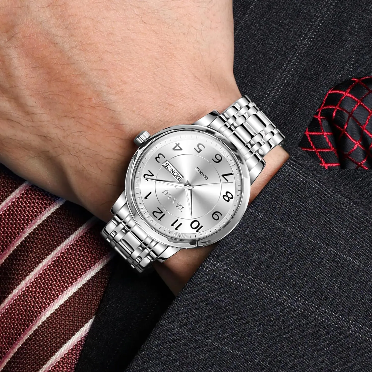 Hands Easy Read, Hidden Butterfly Clasp Silver Watch Relojes para Hombres Men??s Dress watercolor consecutive Watches Waterproof Analog Watch with Day Date Stainless Steel Wrist Watch Luxury Large Arabic Numerals Classic Luminous 