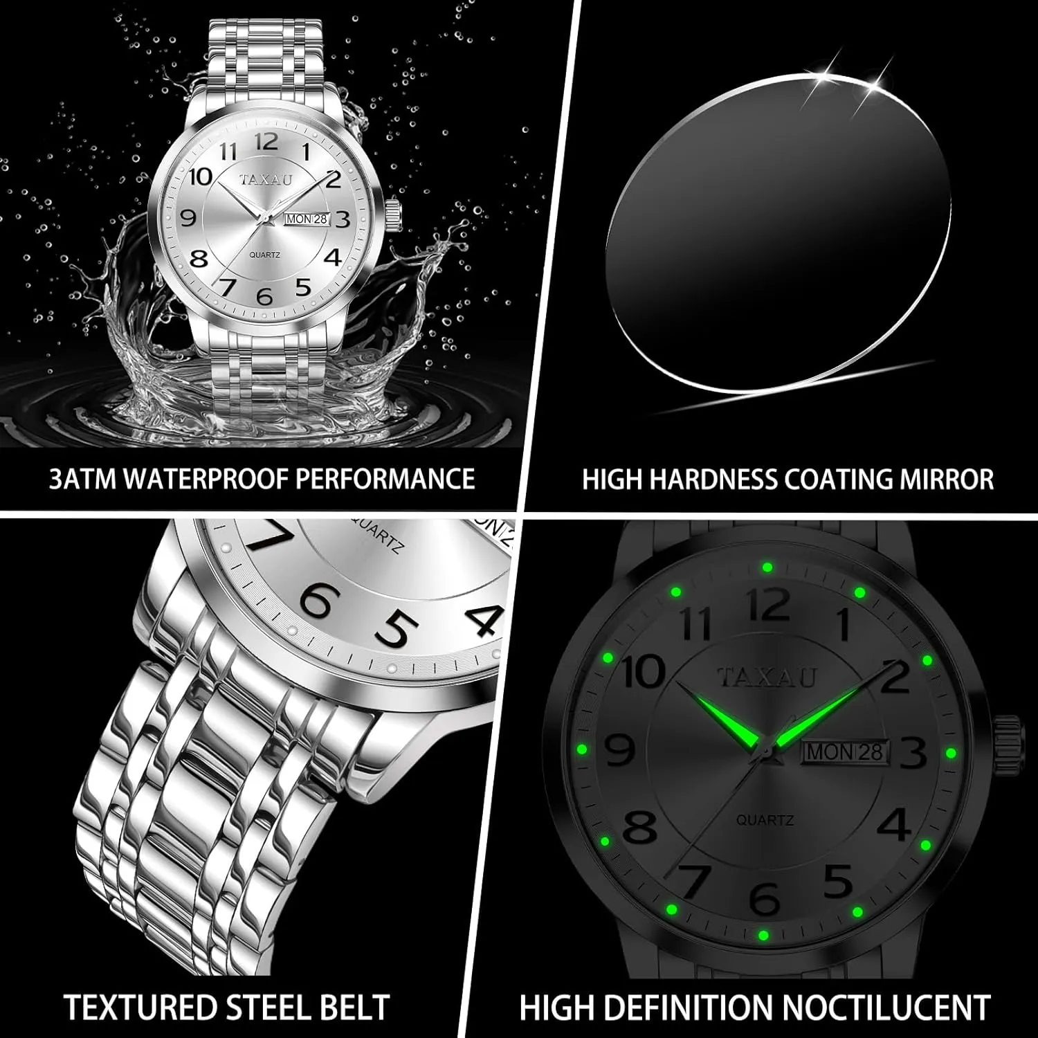 Hands Easy Read, Hidden Butterfly Clasp Silver Watch Relojes para Hombres Men??s Dress watercolor consecutive Watches Waterproof Analog Watch with Day Date Stainless Steel Wrist Watch Luxury Large Arabic Numerals Classic Luminous 