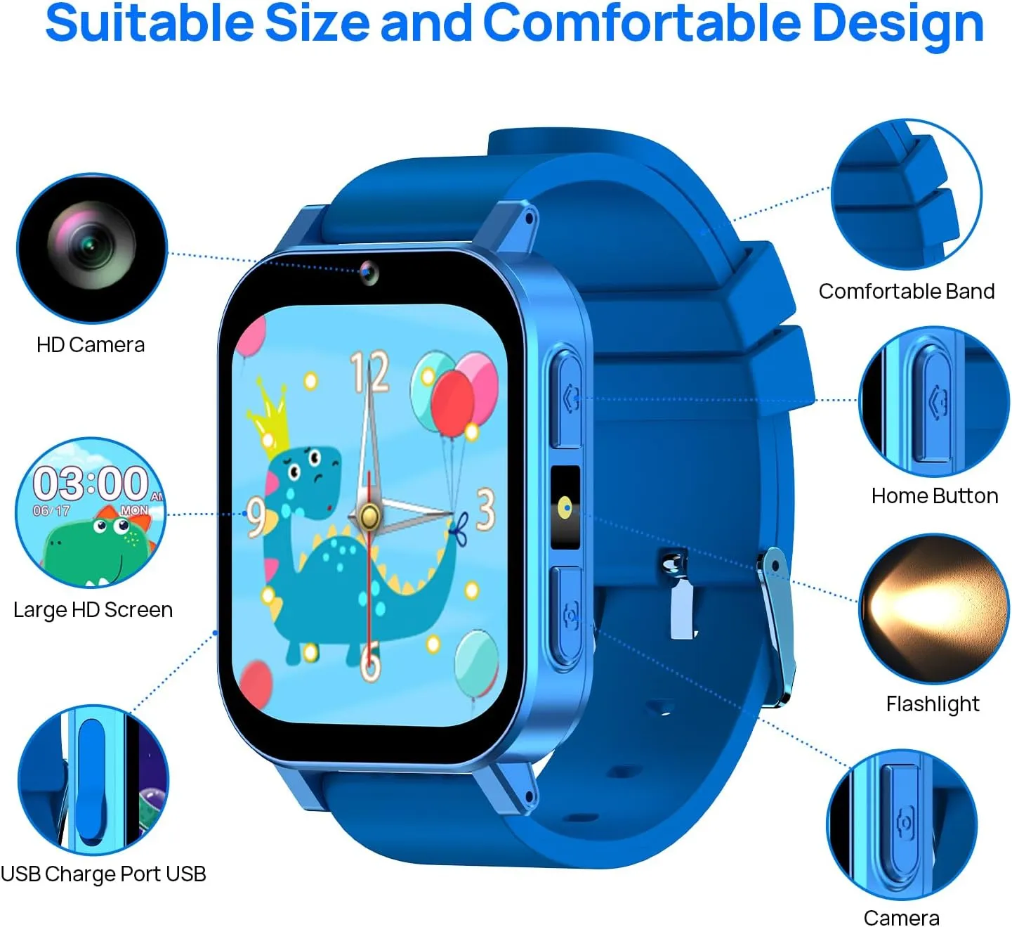 harmless Music Calculator Calendar Flashlight Stopwatch Pedometer Gift Toys for 3-12 Years Old Boys and Girls, Blue Kids Smart Watch Toys with 30 Games Alarm Camera Video Recorder 