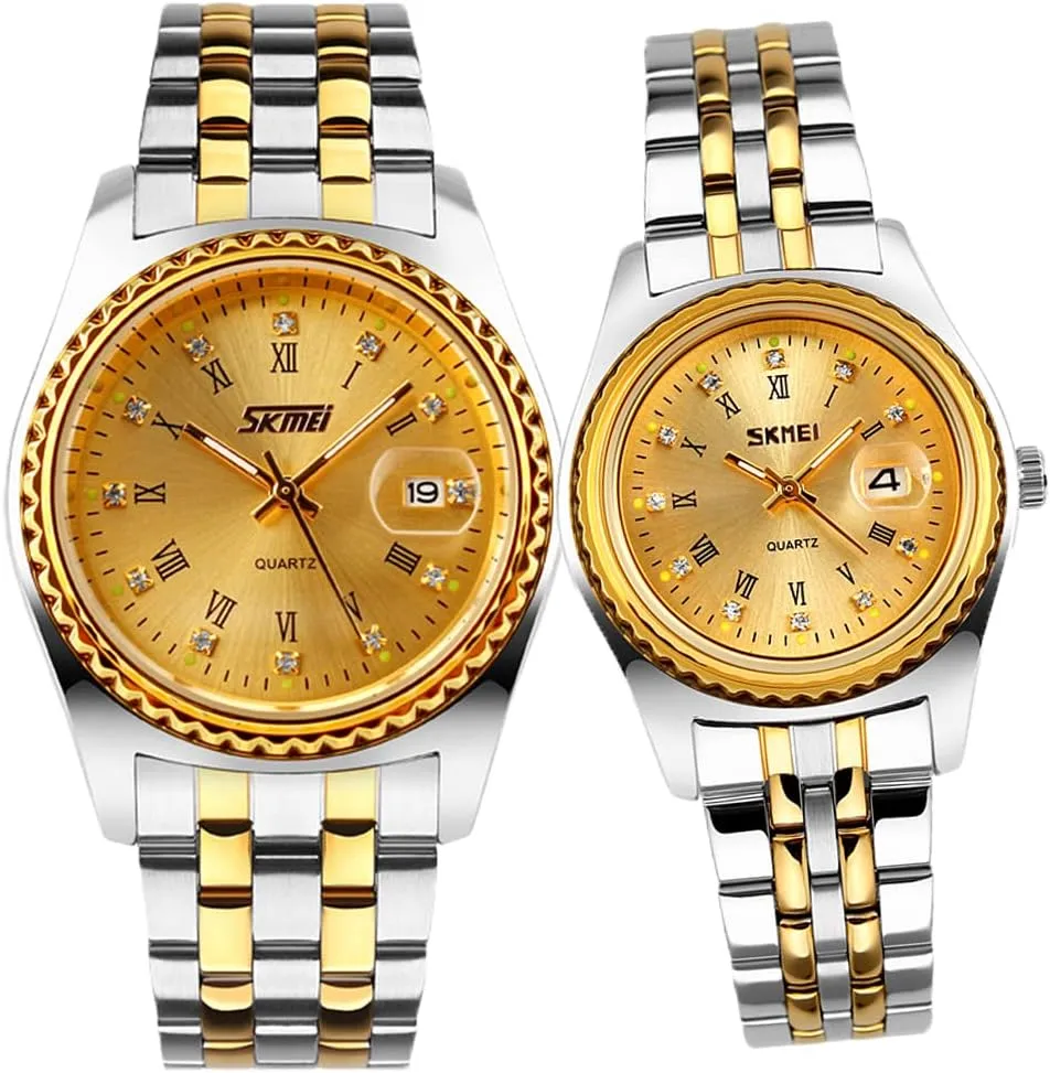 Hers define Pair Watch Set Husband Wife Valentines Matching Wedding Gifts Classic Stainless Luxry Business Waterproof Quartz Analog Wrist Watch SKMEI Watches for Couples Men and Women His and 