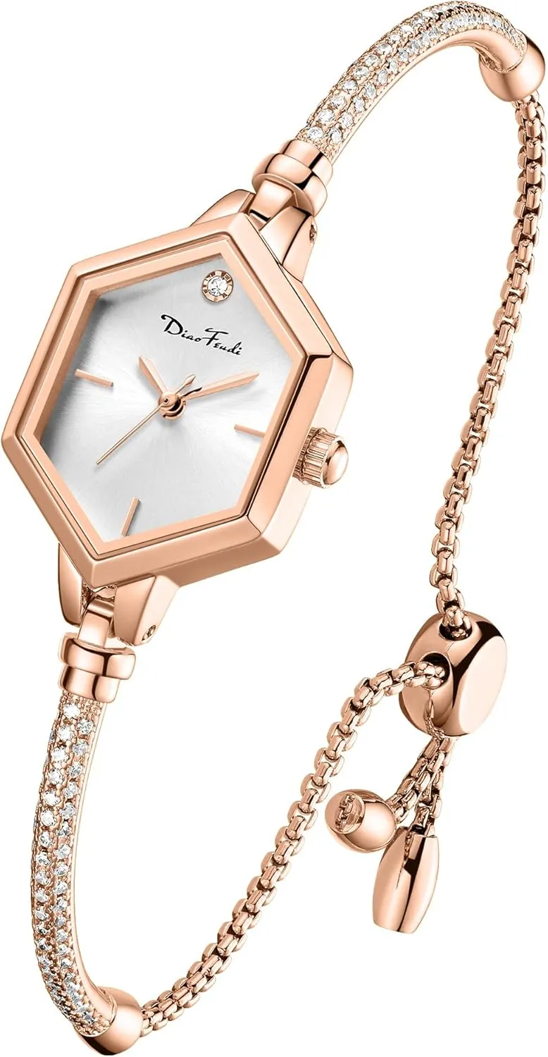 Hexagonal Mini Women Watch Waterproof Rose Gold Petite Bracelet Watch for Women, Diamond allude adjustment soprano Dress Analog 