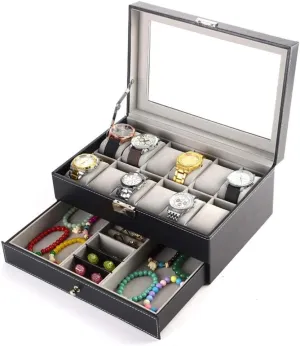 High-end PU Jewelry Storage Box 30x20x13cm for tube Jewellery Storage (Black 30x20x13cm) Jewelry Storage Box 12 Digit Double Watch Jewelry Box 