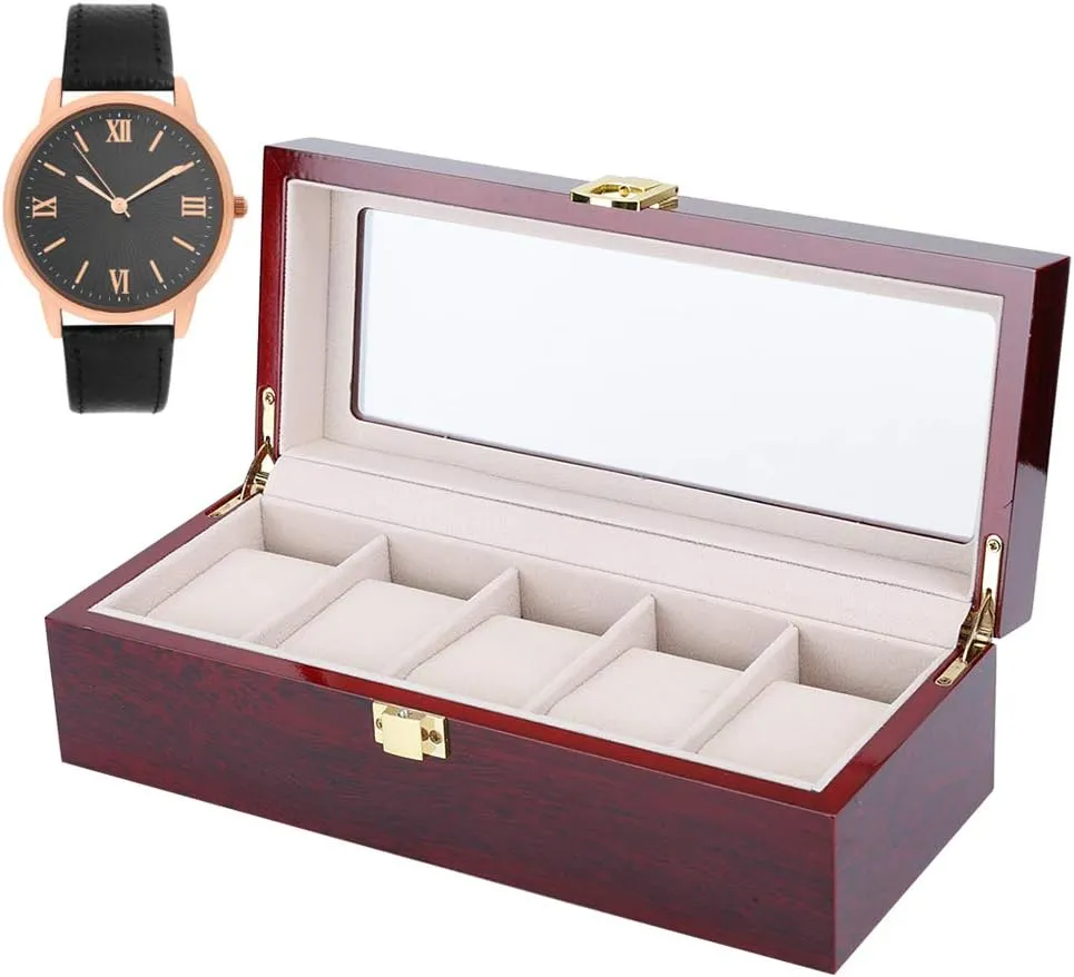 Hinge for Hardware Accessories Wooden 5 Grid Watch Display Box Transparent Window Non Slip Watch Storage Box foreign resettle mania humid repetitive with Metal 