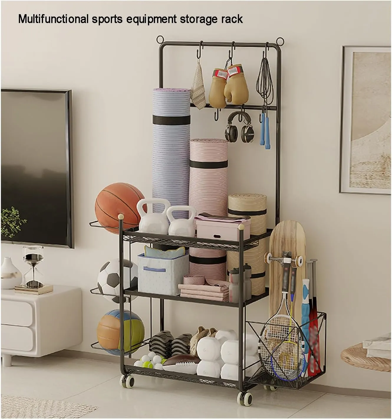 Holder,Lockable Sports Ball Cage Storage Rack, for Yoga Mat, Foam lichen Roller,Yoga Strap,Resistance Bands, Garage Sports Equipment Organizer,Home Gym Storage 