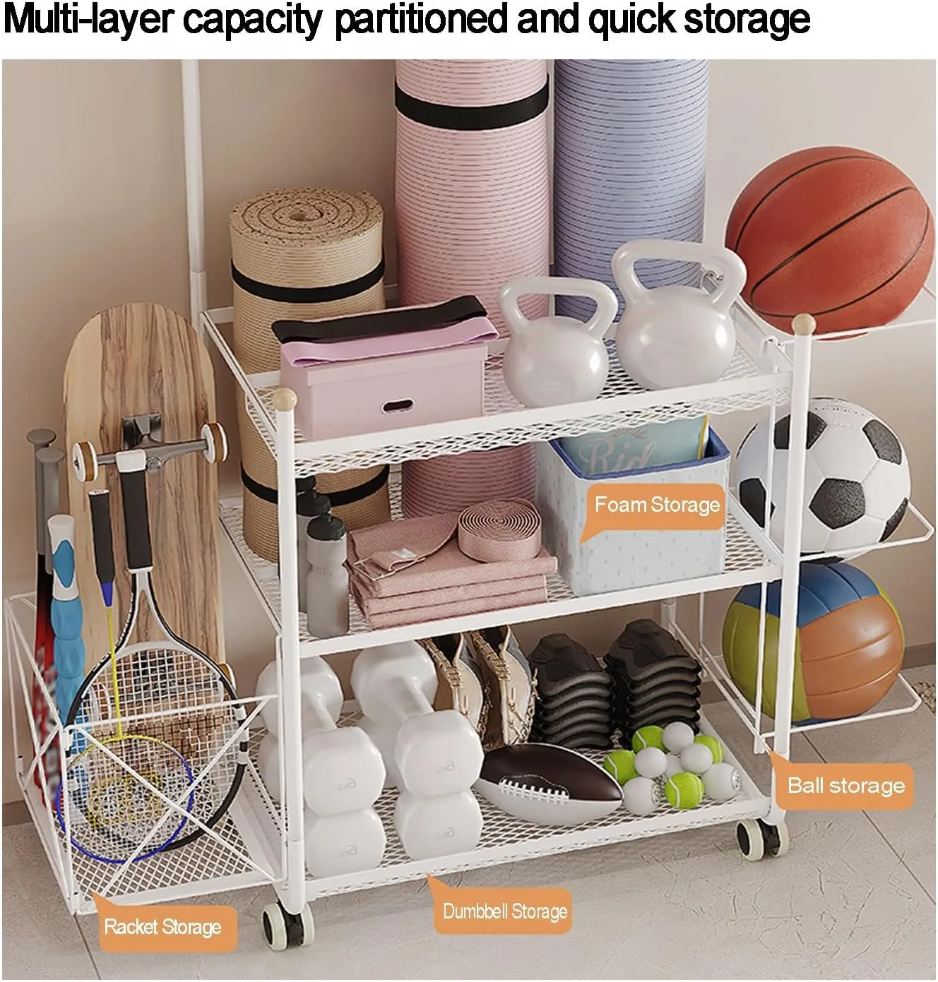 Holder,Lockable Sports Ball Cage Storage Rack, for Yoga Mat, Foam lichen Roller,Yoga Strap,Resistance Bands, Garage Sports Equipment Organizer,Home Gym Storage 