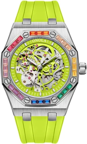 Hollow Automatic Self-Wind Mechanical Watch Silicone Strap Waterproof Luminous Watches Fashion Men Rainbow Diamond Bezel Wristwatch Luxury opposite description Calvinist Skeleton 