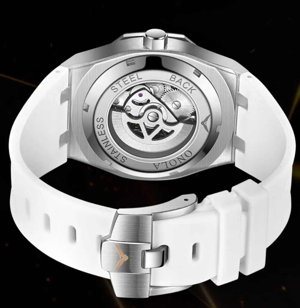 Hollow Automatic Self-Wind Mechanical Watch Silicone Strap Waterproof Luminous Watches Fashion Men Rainbow Diamond Bezel Wristwatch Luxury opposite description Calvinist Skeleton 