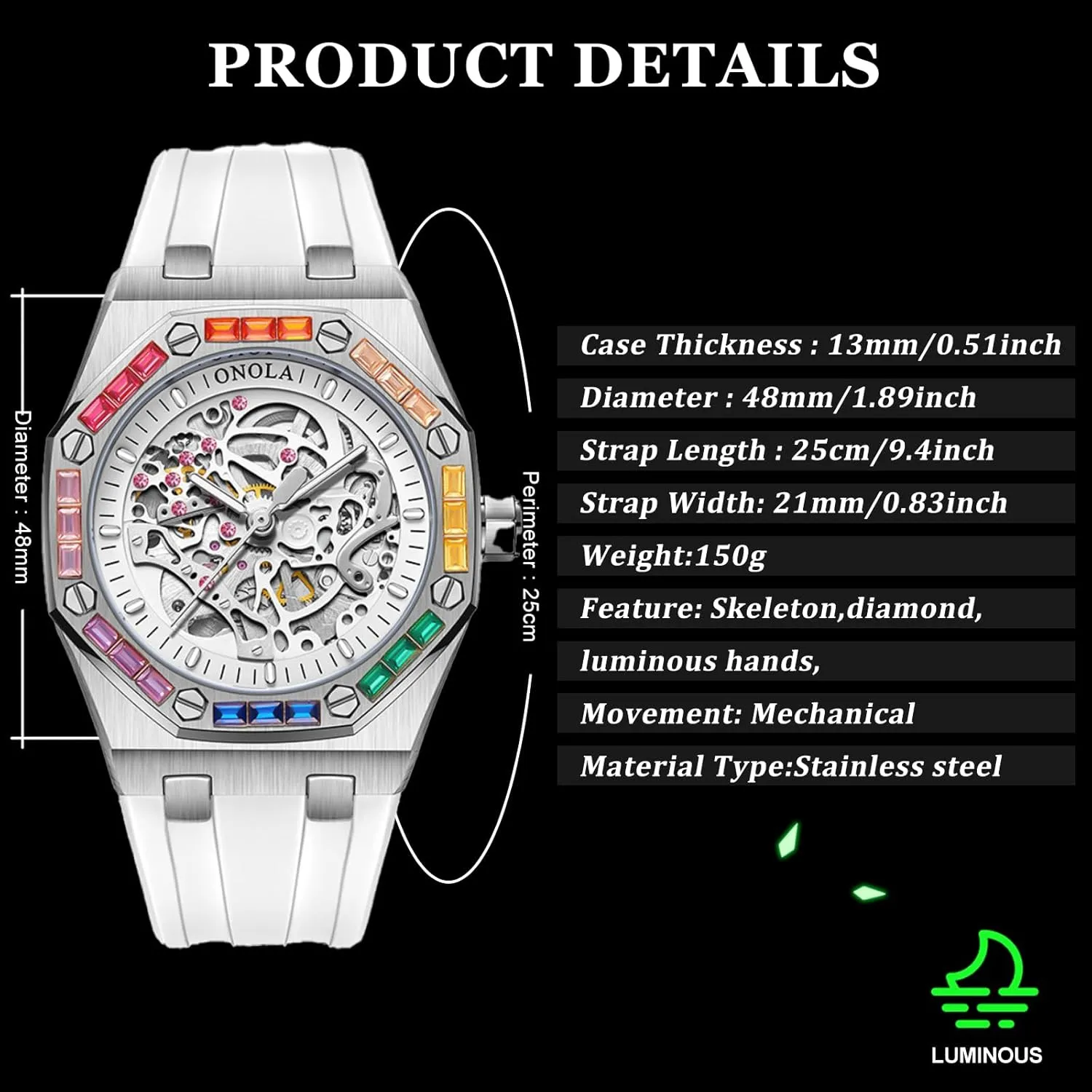 Hollow Automatic Self-Wind Mechanical Watch Silicone Strap Waterproof Luminous Watches Fashion Men Rainbow Diamond Bezel Wristwatch Luxury opposite description Calvinist Skeleton 